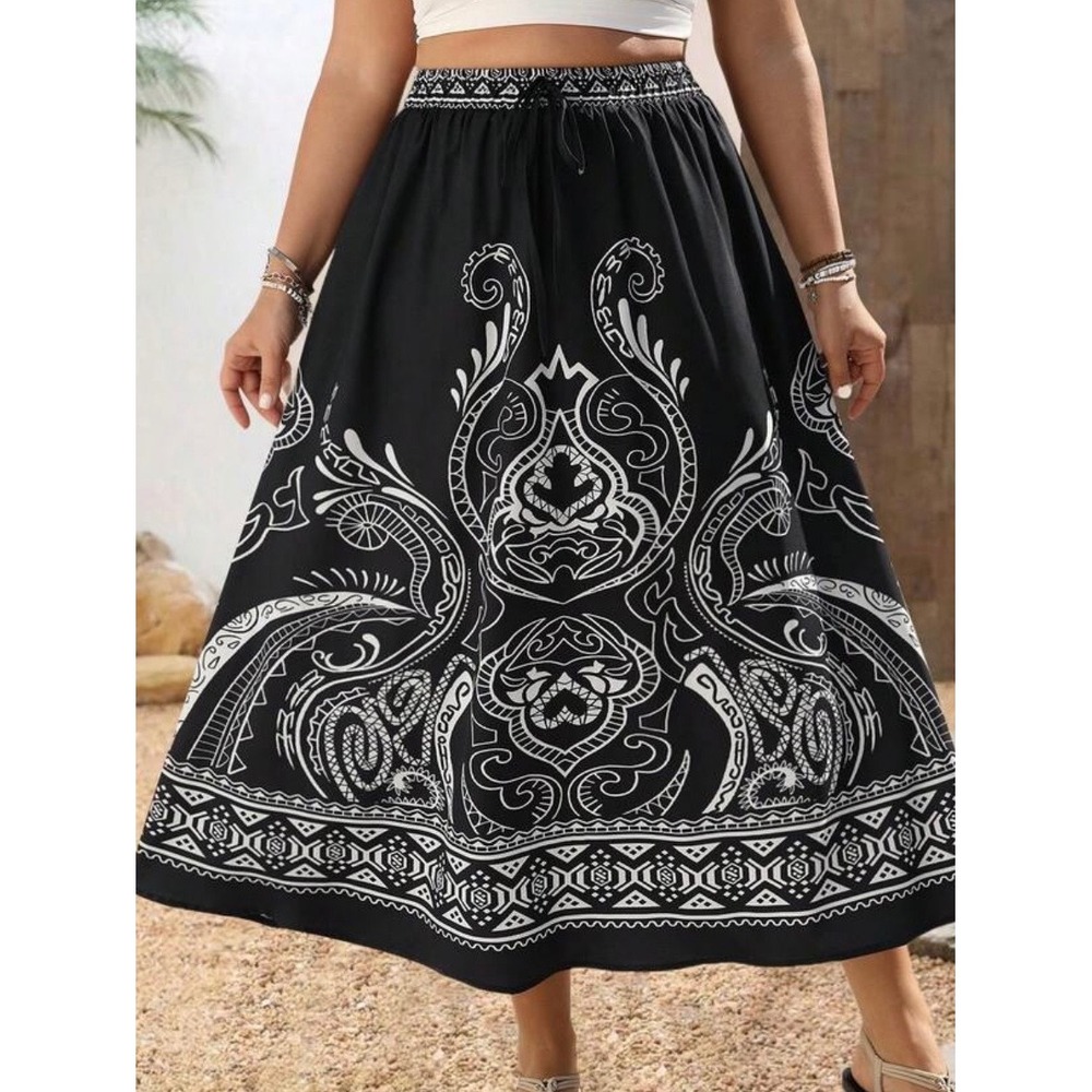 Westport 1962 Midi Maxi Skirt Women 2X (38" Waist) Black Paisley Geometric Boho